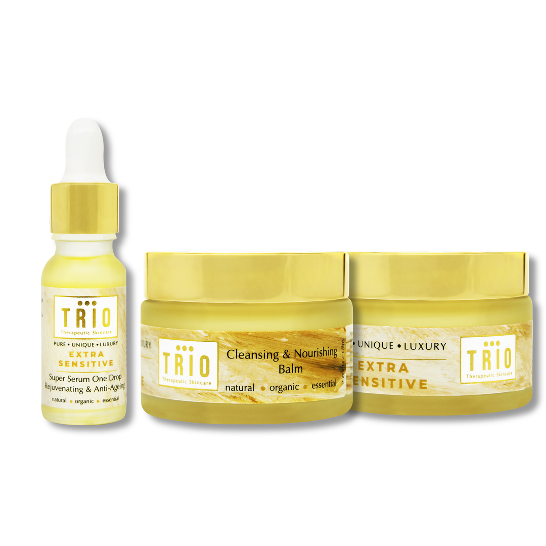 trio set includes extra sensitive one drop, cleansing & nourising balm and hand balm