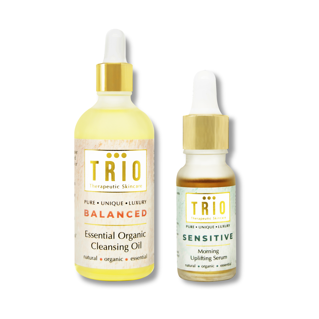trio balanced essential organic cleansing oil and sensitive morning uplifting serum
